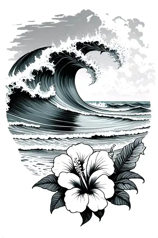 ocean waves crashing on beach with hibiscus flowers on the bottom tattoo design idea