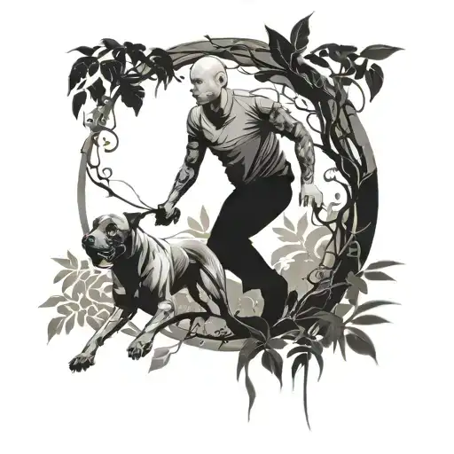 black and grey tattoo design silhouette of a single boy and Pitbull walking through a vine-filled jungle into a vortex  tattoo design idea