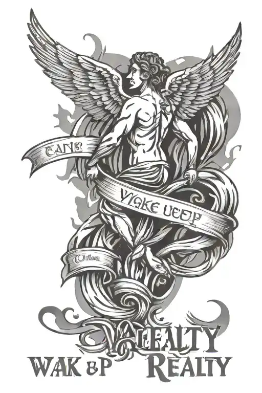 forea tattoo that has fallen angel at the bottom falling with his wings and there is text that say wake up to reality tattoo design idea