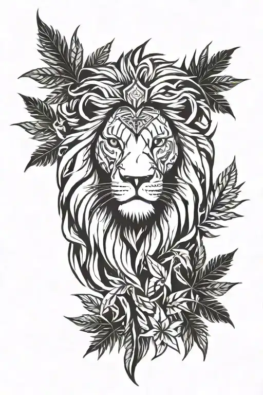 tribal lion with marijuana leaves tattoo design idea