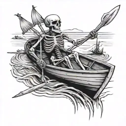 dead skeleton in a beat up row boat tattoo design idea