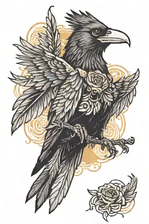 The tattoo features a flying crow with expressive feathers and white eyes, holding a microphone and wearing a black top  tattoo design idea