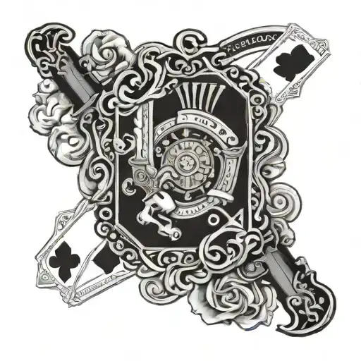 playing cards fanned out with cattleman revolver surrounded tattoo design idea