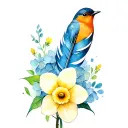 robin daffodil hydrangea feather tattoo design idea
