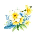 robin daffodil hydrangea feather tattoo design idea