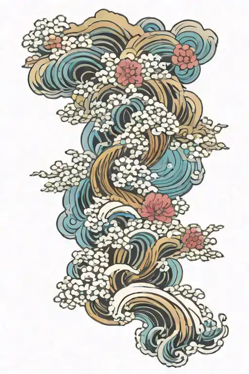 Waves, clouds, flowers japanese style tattoo design idea