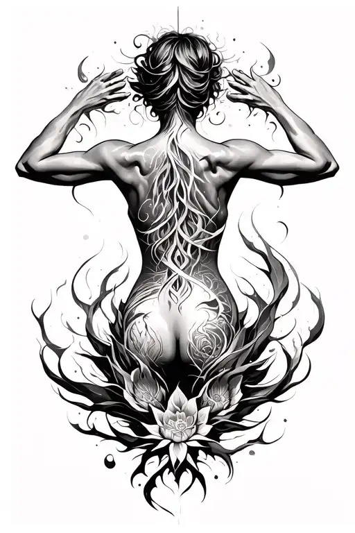 (full back tattoo), (empowering design), intricate details, bold and flowing lines, strength symbolism, overcoming obsta tattoo design idea