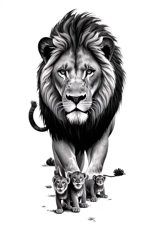 male lion with 3 cubs playing in a field tattoo design idea
