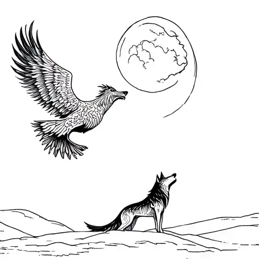 drawing of a phoenix flying towards a wolf who is howling at the moon tattoo design idea
