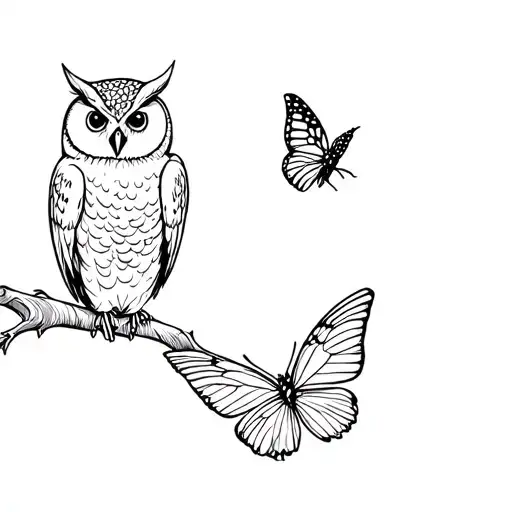 of an owl and next to it, a butterfly, both flying next to each other tattoo design idea