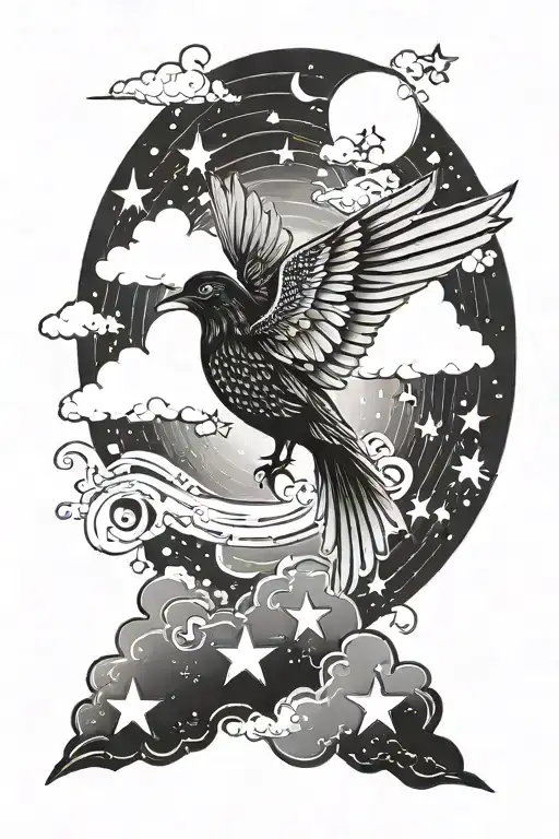 a bird surrounded by clouds with little stars in the cloud with sunshine peeking through the clouds, one wing showing tattoo design idea