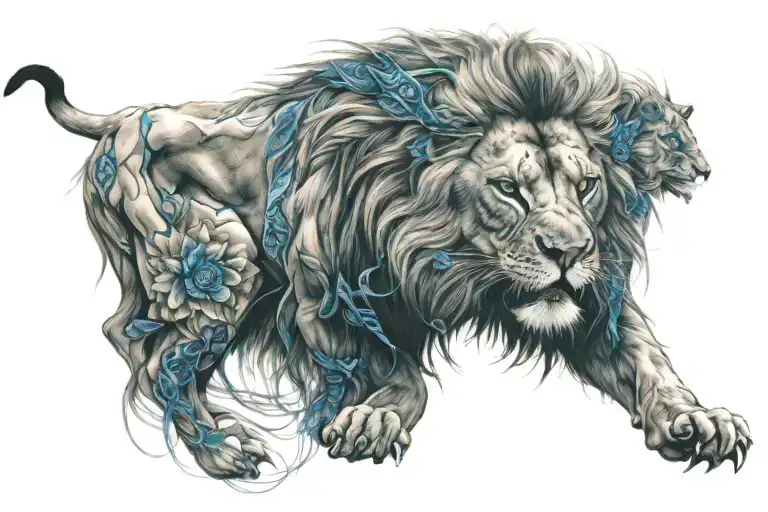 lion with blue eyes surrounded tattoo design idea