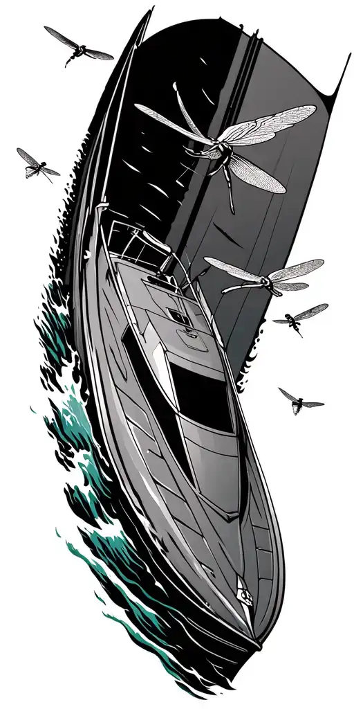 A sport boat in an ocean , with dragonflies flying all around. tattoo design idea