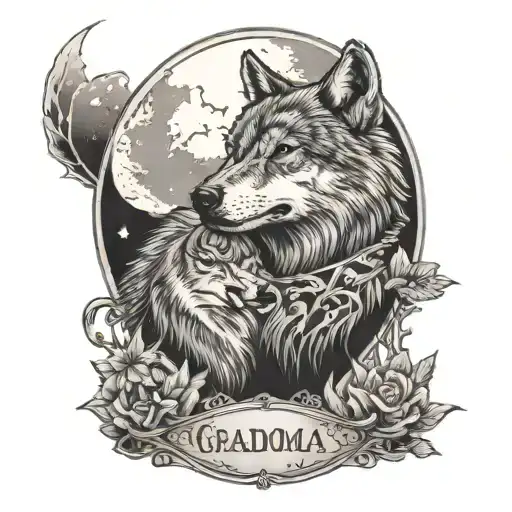 a moon in the background with a wolf in the middle with my grandma's death and birth date on the bottom  tattoo design idea