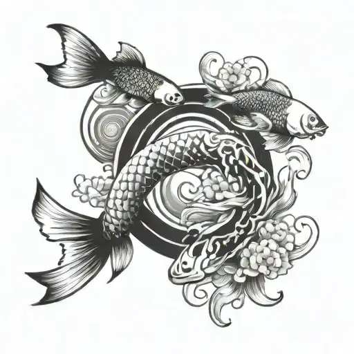 shinto gate with yin&yang koi fish swimming tattoo design idea