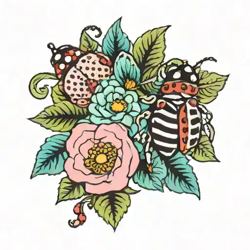The name Juliana with pink and teal flowers and normal ladybugs. tattoo design idea