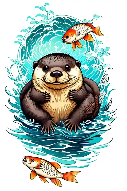 sea otter with fish surrounded tattoo design idea