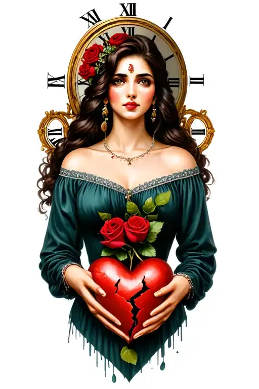 beautiful spanish woman in front of an old clock while holding a broken heart with roses. tattoo design idea