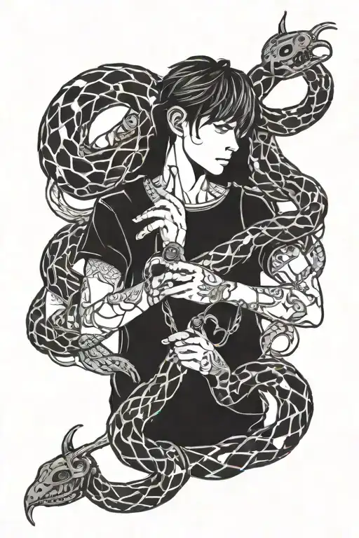 a boy holding cancer and snake around his neck tattoo design idea