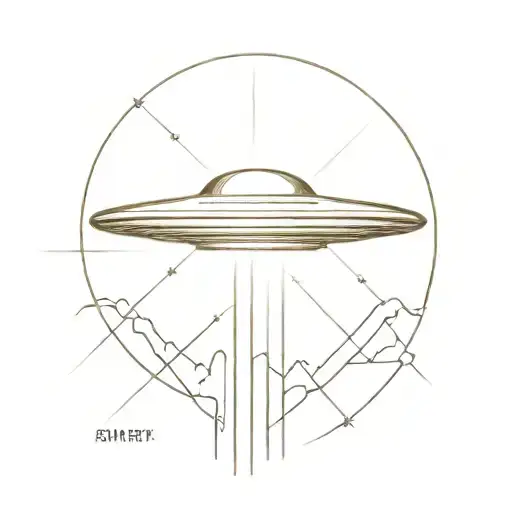 fine line tattoo of a ufo with faded beams coming down more realistic  tattoo design idea
