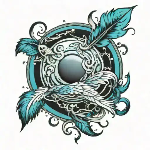 planet Neptune, blue and teal feathers coming out of an aorta tattoo design idea