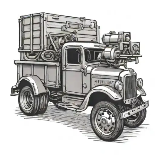 Create a tattoo of a vintage pickup truck carrying a toolbox, representing your love for trucks and woodworking tattoo design idea