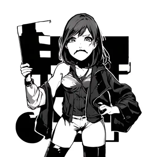 a anime silhouette criminal girl holding a sign pulling ahegao face tattoo design idea