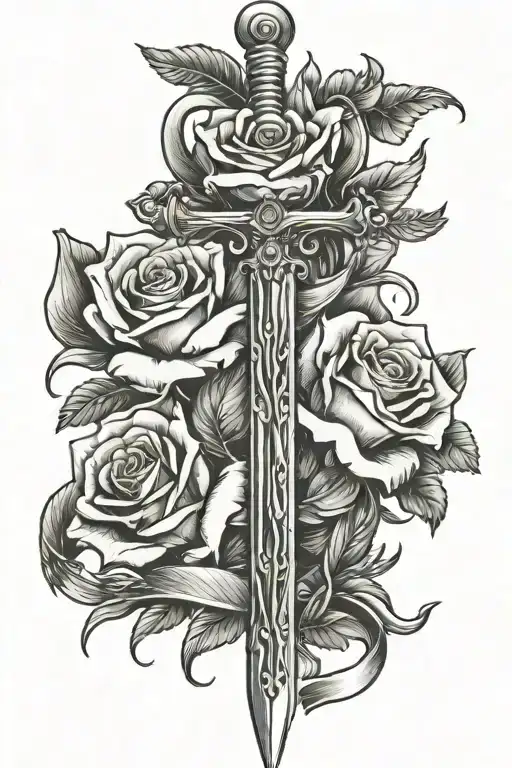 hard fought hallelujah on a ribbon around and sword and roses tattoo design idea