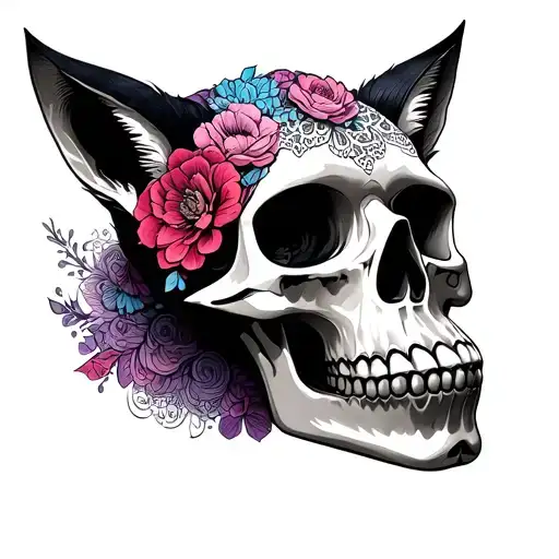 Can you add lace onto the skull please, the colors are pink, lavender, sky blue, black and white, add nine tail fox, pho tattoo design idea