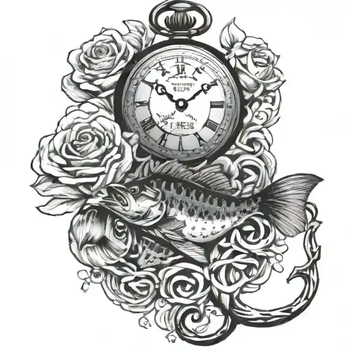 Bass, water, fire, smoke, pocket watch, rose flowers, cross, anchor tattoo design idea