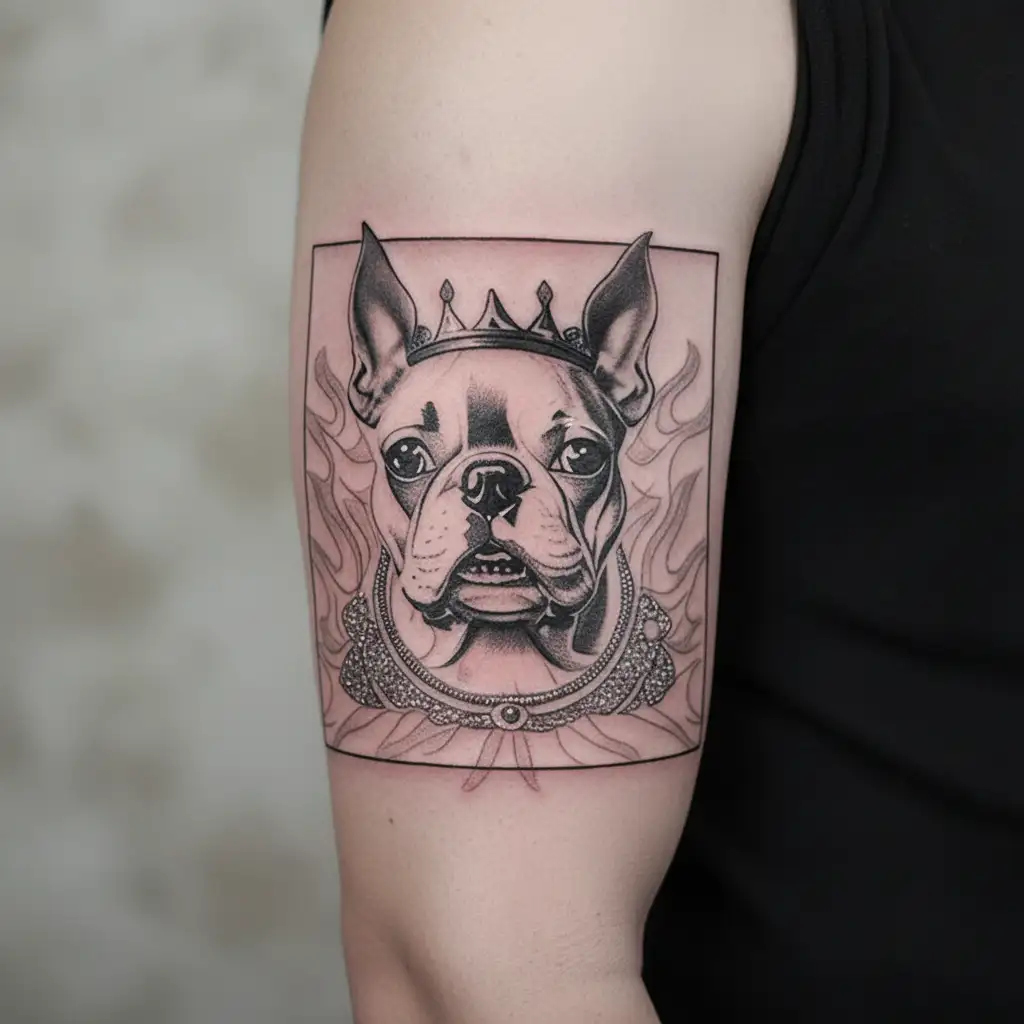 A Boston terrier dog wearing a crown of flames, symbolizing loyalty and protection tattoo design idea