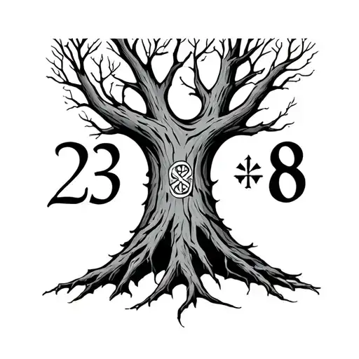 On the Yggdrasil tree, the bark shows the numbers 23 and 8 in the Old Norse language  tattoo design idea