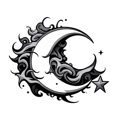 The image shows a crescent moon tattoo with wavy lines emanating from it, resembling clouds or smoke, and two stars tattoo design idea