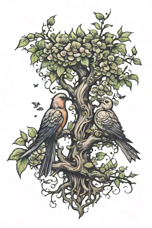 poison tree with birds that represent love and good wishes tattoo design idea