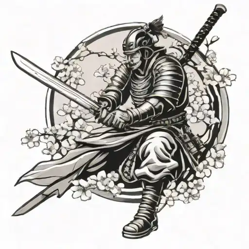 samurai warrior welding a sword under s cherry blossoms tattoo design idea