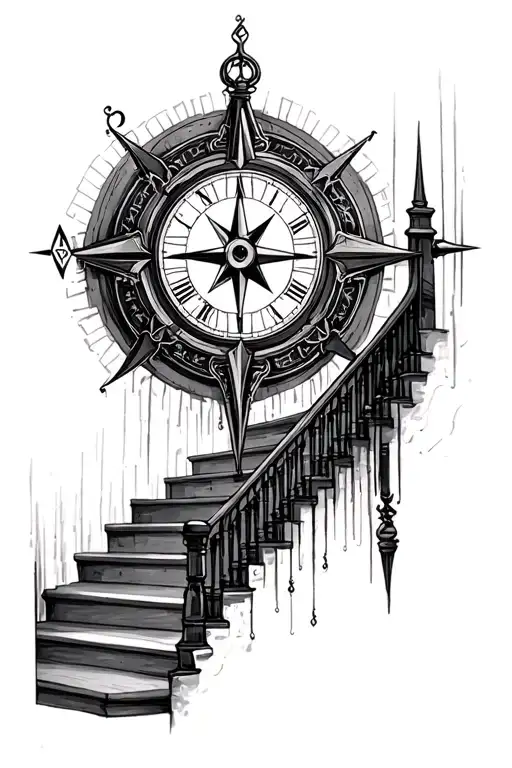 compass at the base of stairs leading to a clock inside tattoo design idea