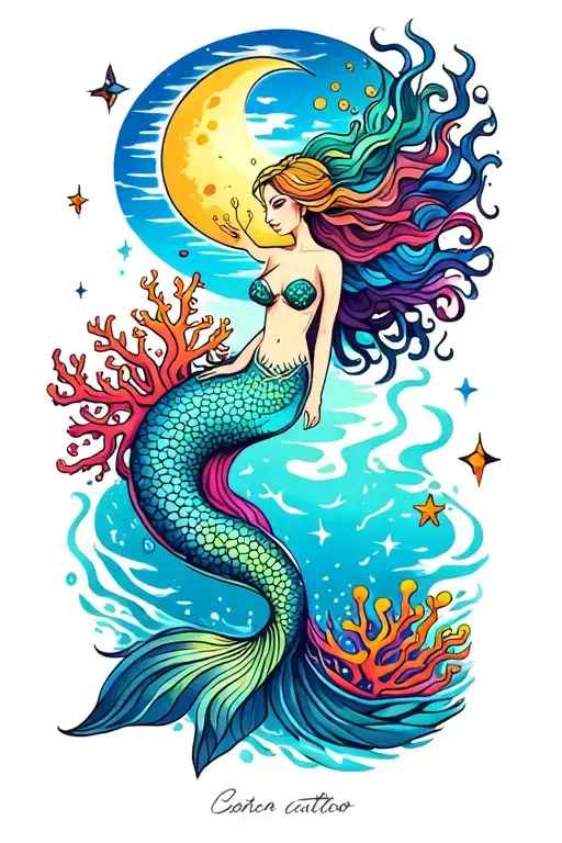 mermaid underwater scene with colorful coral and sun and moon and stars above tattoo design idea