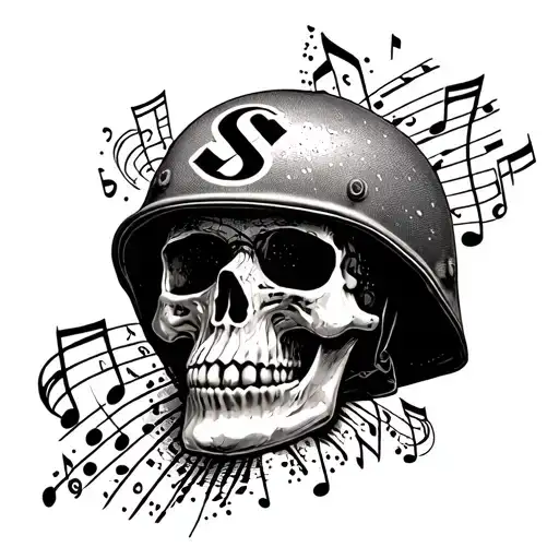 A skull with a Vietnam war helmet surrounded by music notes and SS symbols tattoo design idea