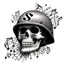 A skull with a Vietnam war helmet surrounded by music notes and SS symbols tattoo design idea