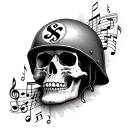 A skull with a Vietnam war helmet surrounded by music notes and SS symbols tattoo design idea