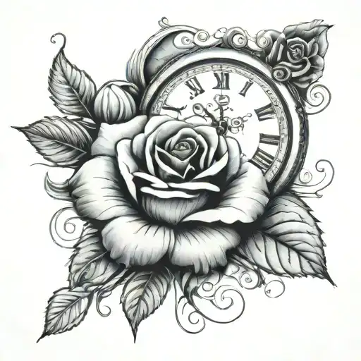 rose & clock tattoo design idea