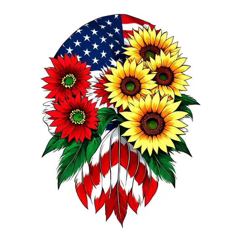 American flag  sunflowers blossom flower Cherokee Indian flag Cherokee feathers tattoo design idea