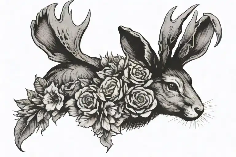 jackalope bust with flowers tattoo design idea