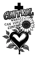 "CONTROL WHAT YOU CAN CONTROL" cross, autism heart, peace sign, sunflower in foreground tattoo design idea