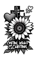 "CONTROL WHAT YOU CAN CONTROL" cross, autism heart, peace sign, sunflower in foreground tattoo design idea
