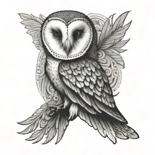 barn owl face on with wings spread in a patterned background tattoo design idea
