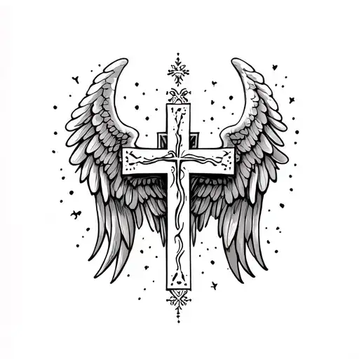 christian orthodox cross with angel wings tattoo design idea