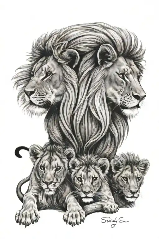 Lion mother with 3 kids tattoo design idea