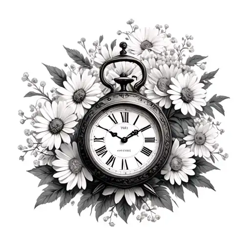 vintage clock at 12:51, III-XVI-MMXXV wrapped around, in front of daisy flowers, baby's breath flowers, and peony flower tattoo design idea