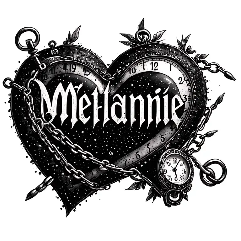 "Mélanie" clock heart chains tattoo design idea
